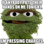 MANHANDLED! | IF ANYBODY PUTS THEIR HANDS ON ME TONIGHT, I'M PRESSING CHARGES. | image tagged in oscar the grouch | made w/ Imgflip meme maker