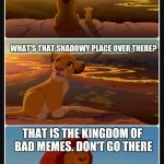Meme life goes on | LIFE IN THE MEME KINGDOM IS GOOD; WHAT'S THAT SHADOWY PLACE OVER THERE? THAT IS THE KINGDOM OF BAD MEMES. DON'T GO THERE | image tagged in lion king shadows stack | made w/ Imgflip meme maker