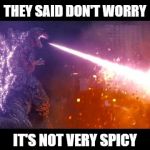 Atomic breath  godzilla | THEY SAID DON'T WORRY; IT'S NOT VERY SPICY | image tagged in atomic breath  godzilla | made w/ Imgflip meme maker