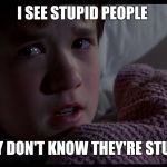 Sixth Sense | I SEE STUPID PEOPLE; THEY DON'T KNOW THEY'RE STUPID. | image tagged in sixth sense | made w/ Imgflip meme maker