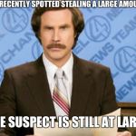 Anchor man news | IN OTHER NEWS, A MAN WAS RECENTLY SPOTTED STEALING A LARGE AMOUNT OF MCDONALD'S MEALS; THE SUSPECT IS STILL AT LARGE | image tagged in anchor man news | made w/ Imgflip meme maker
