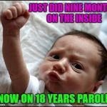 Will it be good or bad time? | JUST DID NINE MONTHS ON THE INSIDE; NOW ON 18 YEARS PAROLE | image tagged in baby raising fist,memes,born into captivity,funny,baby,parole | made w/ Imgflip meme maker
