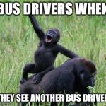 Gorilla waving | BUS DRIVERS WHEN; THEY SEE ANOTHER BUS DRIVER | image tagged in gorilla waving | made w/ Imgflip meme maker