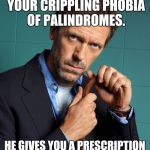dr house | YOU TELL HIM ABOUT YOUR CRIPPLING PHOBIA OF PALINDROMES. HE GIVES YOU A PRESCRIPTION FOR XANAX. | image tagged in dr house | made w/ Imgflip meme maker