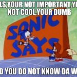sonic sez card | TAILS,YOUR NOT IMPORTANT,YOUR NOT COOL,YOUR DUMB; AND YOU DO NOT KNOW DA WAE! | image tagged in sonic sez card | made w/ Imgflip meme maker