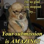 smart dog | I'm so glad you stopped by... Your submission is AMAZING! | image tagged in smart dog | made w/ Imgflip meme maker