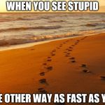 Run Away | WHEN YOU SEE STUPID; RUN THE OTHER WAY AS FAST AS YOU CAN | image tagged in footprints,stupid,run away | made w/ Imgflip meme maker