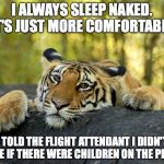 terrible tiger | I ALWAYS SLEEP NAKED. IT'S JUST MORE COMFORTABLE. I TOLD THE FLIGHT ATTENDANT I DIDN'T CARE IF THERE WERE CHILDREN ON THE PLANE. | image tagged in terrible tiger,flying,funny | made w/ Imgflip meme maker