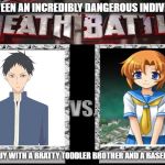 Battle of the beauties | BETWEEN AN INCREDIBLY DANGEROUS INDIVIDUAL; AND A GUY WITH A BRATTY TODDLER BROTHER AND A BASEBALL BAT | image tagged in death battle template,higurashi when they cry,rena ryuugu,gakuen babysitters,school babysitters,hayato kamitani | made w/ Imgflip meme maker