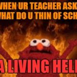 WHY ME | WHEN UR TEACHER ASKS U WHAT DO U THIN OF SCHOOL; A LIVING HELL | image tagged in why me | made w/ Imgflip meme maker