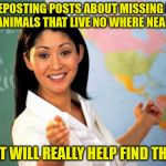 Useless highschool teacher | KEEP REPOSTING POSTS ABOUT MISSING PEOPLE AND ANIMALS THAT LIVE NO WHERE NEAR YOU; THAT WILL REALLY HELP FIND THEM! | image tagged in useless highschool teacher | made w/ Imgflip meme maker