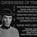 Now there are 6 | THE 5 CATEGORIES OF TREKKIE; THOSE WHO EMBRACE STAR TREK AS A WAY OF LIFE; 5; THOSE WHO FIND REASON TO WEAR STAR TREK PARAPHERNALIA; 4; THOSE WHO OWN THE PARAPHERNALIA; 3; THOSE WHO FIND TEACHABLE MOMENTS IN STAR TREK; 2; THOSE WHO LIKE THE SHOWS; 1; TREKKER: THOSE OF SUCH LOW SELF ESTEEM THEY CANNOT ADMIT TO LIKING STAR TREK WITHOUT MAKING QUALIFIERS | image tagged in spock service announcement,star trek,trekkies vs trekkers | made w/ Imgflip meme maker
