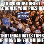 snowflakes | THIS GROUP DOESN'T RECOGNIZE YOUR PRESIDENT; THAT INVALIDATES THEIR OPINIONS ON YOUR RIGHTS | image tagged in snowflakes | made w/ Imgflip meme maker