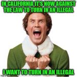 If Elf lived in California.... | IN CALIFORNIA IT'S NOW AGAINST THE LAW TO TURN IN AN ILLEGAL; I WANT TO TURN IN AN ILLEGAL | image tagged in elf,memes,illegal immigration,donald trump approves,liberal vs conservative,you know what really grinds my gears | made w/ Imgflip meme maker
