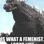 godzilla try me | THIS; IS WHAT A FEMENIST LOOKS LIKE | image tagged in godzilla try me | made w/ Imgflip meme maker