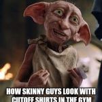 Dobby | HOW SKINNY GUYS LOOK WITH CUTOFF SHIRTS IN THE GYM | image tagged in dobby | made w/ Imgflip meme maker