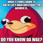 Uganda Knuckles | WHEN IT COMES DOWN TO ONE OF LIFE'S MAIN QUESTIONS...THE ANSWER IS... DO YOU KNOW DA WAE? | image tagged in uganda knuckles | made w/ Imgflip meme maker