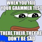 Grammar Test FeelsBadMan
 | WHEN YOU FAIL YOUR GRAMMER TEST; THERE,THEIR,THEY'RE DON'T BE SAD | image tagged in feels bad man | made w/ Imgflip meme maker