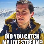 Bear Grylls | DID YOU CATCH MY LIVE STREAM? | image tagged in memes,bear grylls,live stream | made w/ Imgflip meme maker