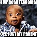 Surprised baby | OH MY GOSH TERRORISTS; NOPE JUST MY PARENTS | image tagged in surprised baby | made w/ Imgflip meme maker