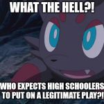 When you're forced into a Public Play by just being in a Drama class. | WHAT THE HELL?! WHO EXPECTS HIGH SCHOOLERS TO PUT ON A LEGITIMATE PLAY?! | image tagged in zorua wtf | made w/ Imgflip meme maker
