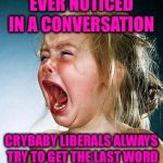 crybaby | EVER NOTICED IN A CONVERSATION; CRYBABY LIBERALS ALWAYS TRY TO GET THE LAST WORD | image tagged in crybaby | made w/ Imgflip meme maker