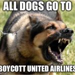 All Dogs Go To Boycott United Airlines | ALL DOGS GO TO; BOYCOTT UNITED AIRLINES | image tagged in angry dog,memes,united airlines,boycott,flight,protest | made w/ Imgflip meme maker
