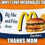 McDonalds Baby Food | THIS IS WHY I LOVE MCDONALDS SO MUCH; THANKS MOM | image tagged in mcdonalds baby food | made w/ Imgflip meme maker