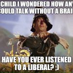 Wizard of Oz Scarecrow which way | AS A CHILD I WONDERED HOW ANYONE COULD TALK WITHOUT A BRAIN. HAVE YOU EVER LISTENED TO A LIBERAL? ;) | image tagged in wizard of oz scarecrow which way | made w/ Imgflip meme maker