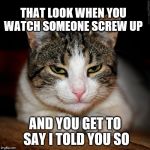 I told you so  | THAT LOOK WHEN YOU WATCH SOMEONE SCREW UP; AND YOU GET TO SAY I TOLD YOU SO | image tagged in cat smile,i told you so,funny cat memes | made w/ Imgflip meme maker