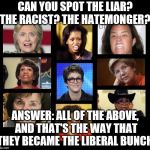 Liberal Women | CAN YOU SPOT THE LIAR? THE RACIST? THE HATEMONGER? ANSWER: ALL OF THE ABOVE, AND THAT'S THE WAY THAT THEY BECAME THE LIBERAL BUNCH. | image tagged in liberal women | made w/ Imgflip meme maker