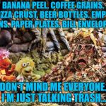 Fragle Rock trash talking | BANANA PEEL. COFFEE GRAINS. PIZZA CRUST. BEER BOTTLES. EMPTY CANS. PAPER PLATES. BILL ENVELOPES. DON'T MIND ME EVERYONE. I'M JUST TALKING TRASH... | image tagged in marjory trash heap | made w/ Imgflip meme maker