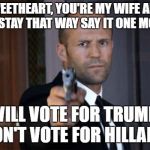 According to Hillary a big reason why she believes she lost the 2016 Presidential Election | LOOK, SWEETHEART, YOU'RE MY WIFE AND IF YOU WANT TO STAY THAT WAY SAY IT ONE MORE TIME... I WILL VOTE FOR TRUMP,
 I WON'T VOTE FOR HILLARY! | image tagged in memes,hillary clinton,election 2016 aftermath,white people,whining,say that again i dare you | made w/ Imgflip meme maker