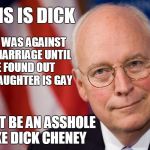 dick | THIS IS DICK; DICK WAS AGAINST GAY MARRIAGE UNTIL HE FOUND OUT HIS DAUGHTER IS GAY; DON'T BE AN ASSHOLE LIKE DICK CHENEY | image tagged in dick | made w/ Imgflip meme maker