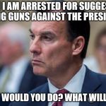 bad examples | WHEN I AM ARRESTED FOR SUGGESTING USING GUNS AGAINST THE PRESIDENT; WHAT WOULD YOU DO? WHAT WILL I DO? | image tagged in bad examples | made w/ Imgflip meme maker
