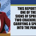 this reporter saw one of the first signs of spring today | THIS REPORTER SAW ONE OF THE FIRST SIGNS OF SPRING TODAY TWO CRACKHEADS WERE CARRYING A SPACE HEATER INTO THE PAWN SHOP. | image tagged in coollews views | made w/ Imgflip meme maker