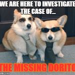 Corgis in suits | WE ARE HERE TO INVESTIGATE THE CASE OF... THE MISSING DORITO | image tagged in corgis in suits | made w/ Imgflip meme maker