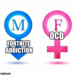 The difference between men and women | OCD; FORTNITE ADDICTION | image tagged in the difference between men and women | made w/ Imgflip meme maker
