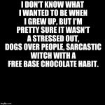 Black Box | I DON'T KNOW WHAT I WANTED TO BE WHEN I GREW UP, BUT I'M PRETTY SURE IT WASN'T A STRESSED OUT, DOGS OVER PEOPLE, SARCASTIC WITCH WITH A FREE BASE CHOCOLATE HABIT. | image tagged in black box | made w/ Imgflip meme maker