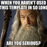 Are you serious? Gandalf | WHEN YOU HAVEN’T USED THIS TEMPLATE IN SO LONG; ARE YOU SERIOUS? | image tagged in are you serious gandalf,custom template,memes,funny,gandalf | made w/ Imgflip meme maker