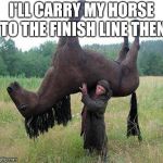 horse tired | I'LL CARRY MY HORSE TO THE FINISH LINE THEN | image tagged in horse tired | made w/ Imgflip meme maker