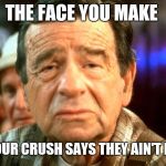 walter matthau eyebrows | THE FACE YOU MAKE; WHEN YOUR CRUSH SAYS THEY AIN'T INTO YOU | image tagged in walter matthau eyebrows | made w/ Imgflip meme maker