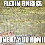 Huge stack of dollars | FLEXIN FINESSE; ONE DAY LIL HOMIE | image tagged in huge stack of dollars | made w/ Imgflip meme maker