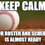 Baseball | KEEP CALM; YOUR ROSTER AND SCHEDULE IS ALMOST READY | image tagged in baseball | made w/ Imgflip meme maker