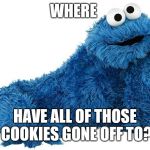 Cookie Monster | WHERE; HAVE ALL OF THOSE COOKIES GONE OFF TO? | image tagged in cookie monster | made w/ Imgflip meme maker