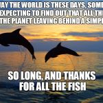 Dolphin breeching | WITH THE WAY THE WORLD IS THESE DAYS, SOME MORNINGS I WAKE UP EXPECTING TO FIND OUT THAT ALL THE DOLPHINS HAVE FLED THE PLANET LEAVING BEHIND A SIMPLE MESSAGE; SO LONG, AND THANKS FOR ALL THE FISH | image tagged in dolphin breeching | made w/ Imgflip meme maker