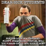 Big Bang Theory | DEAR SICK STUDENTS; FOR THE LOVE OF A THOUSAND FLUFFY, STAMPEDING TURTLES, WILL YOU PLEASE COUGH INTO YOUR ELBOW? | image tagged in big bang theory | made w/ Imgflip meme maker