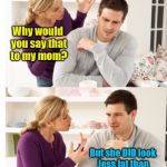 It's actually a compliment. | Why would you say that to my mom? But she DID look less fat than when I saw her last | image tagged in arguing couple 1,memes,mother in law,fat | made w/ Imgflip meme maker