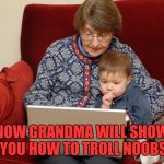 Baby's first internet | NOW GRANDMA WILL SHOW YOU HOW TO TROLL NOOBS | image tagged in baby's first internet | made w/ Imgflip meme maker