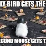mine minefield trap cheese mouse | THE EARLY BIRD GETS THE WORM, BUT THE SECOND MOUSE GETS THE CHEESE. | image tagged in mine minefield trap cheese mouse | made w/ Imgflip meme maker